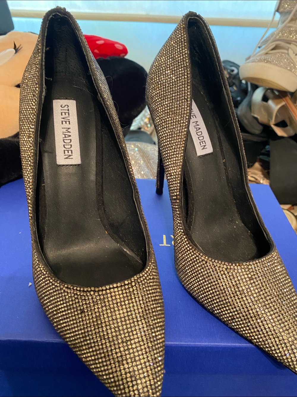 Steve Madden Gold Crystal-Embellished Pointed Toe Stilettos